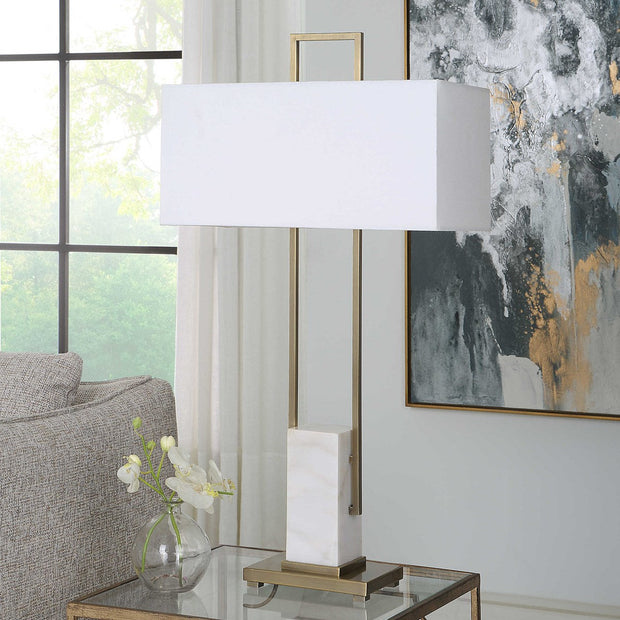 Uttermost Column Brass and Marble Table Lamp With White Linen Shade