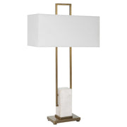 Uttermost Column Brass and Marble Table Lamp With White Linen Shade