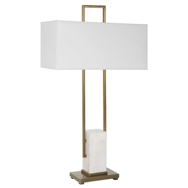 Uttermost Column Brass and Marble Table Lamp With White Linen Shade