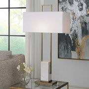Uttermost Column Brass and Marble Table Lamp With White Linen Shade