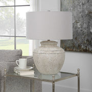 Uttermost Artifact  Aged Stone Ceramic Table Lamp With Light Gray Linen Drum Shade