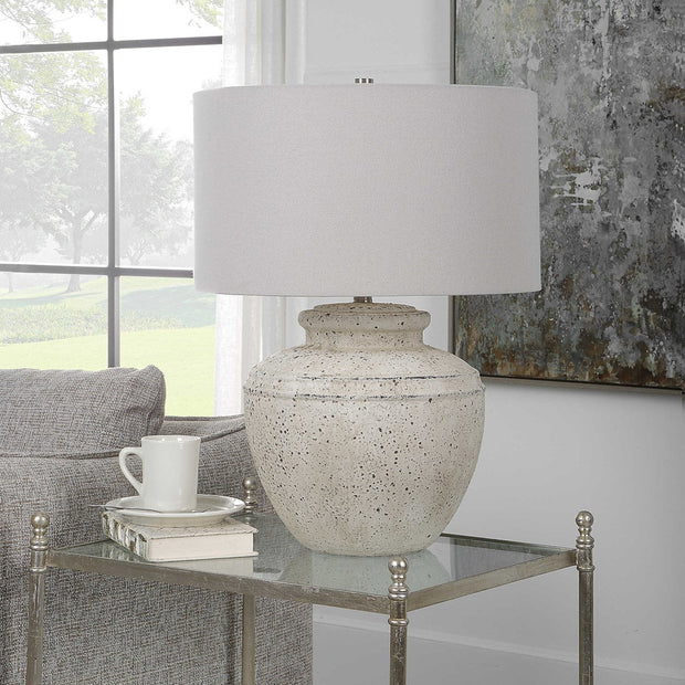 Uttermost Artifact  Aged Stone Ceramic Table Lamp With Light Gray Linen Drum Shade