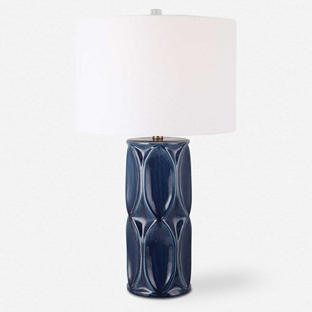 Uttermost Sinclair Glossy Navy Blue Glaze Ceramic Table Lamp With White Shade