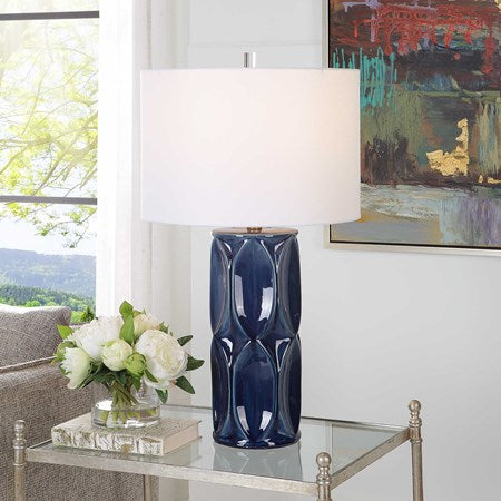 Uttermost Sinclair Glossy Navy Blue Glaze Ceramic Table Lamp With White Shade