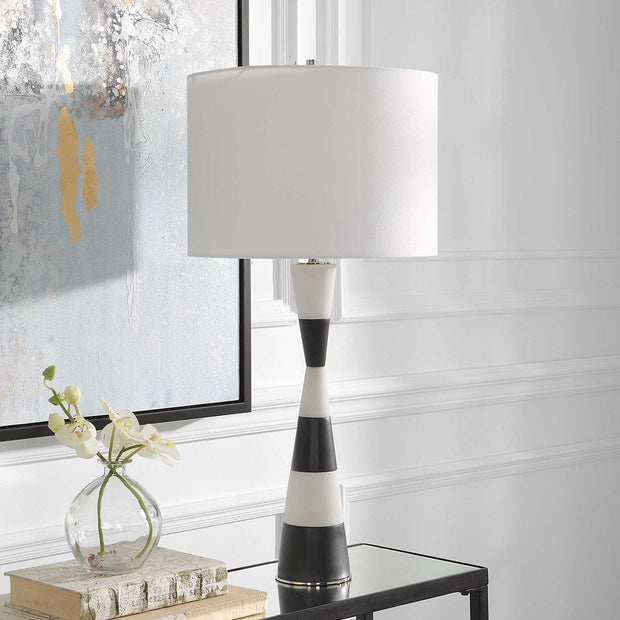 Uttermost Bandeau Banded Black and White Stone Table Lamp With Linen Drum Shade