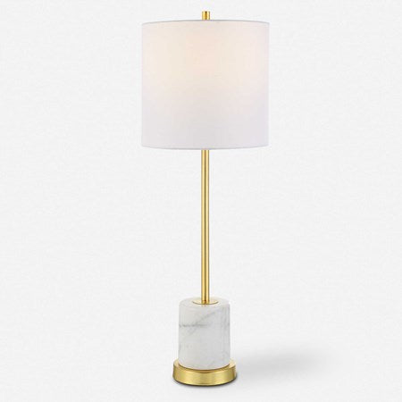 Uttermost Turret Brushed Gold Buffet Lamp With White Linen Shade