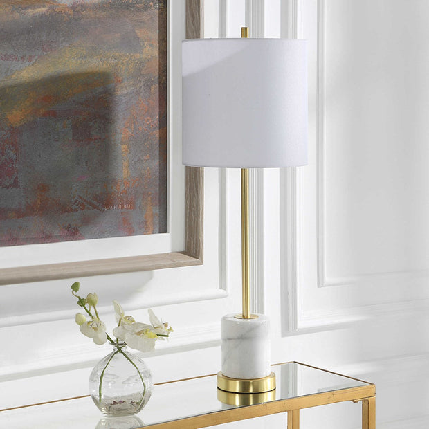 Uttermost Turret Brushed Gold Buffet Lamp With White Linen Shade