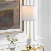 Uttermost Turret Brushed Gold Buffet Lamp With White Linen Shade