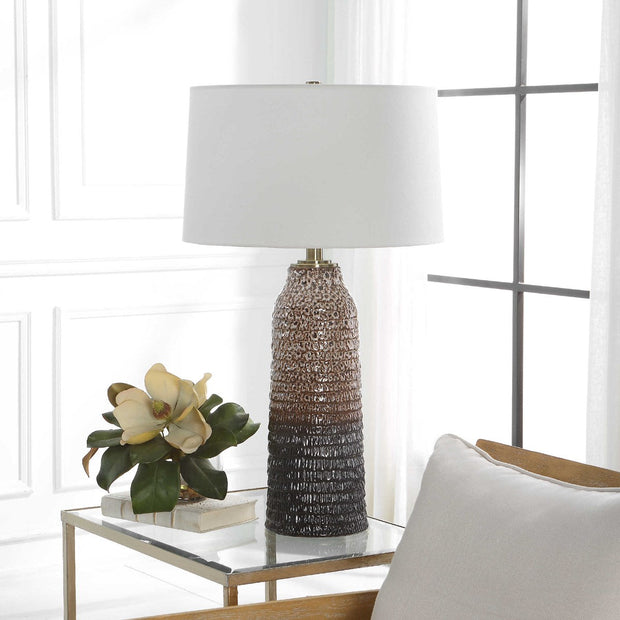 Uttermost Padma Aged Ivory and Chocolate Brown Ombré Ceramic Table Lamp With White Linen Shade