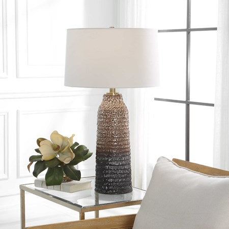 Uttermost Padma Aged Ivory and Chocolate Brown Ombré Ceramic Table Lamp With White Linen Shade