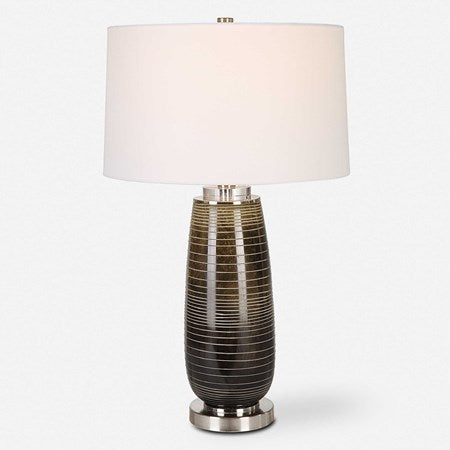 Uttermost Alamance Rustic Bronze Ombré Glass Table Lamp With White Linen Shade