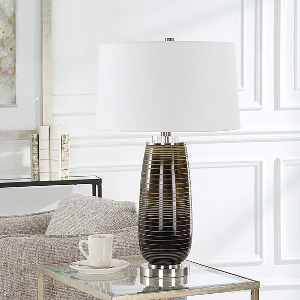 Uttermost Alamance Rustic Bronze Ombré Glass Table Lamp With White Linen Shade