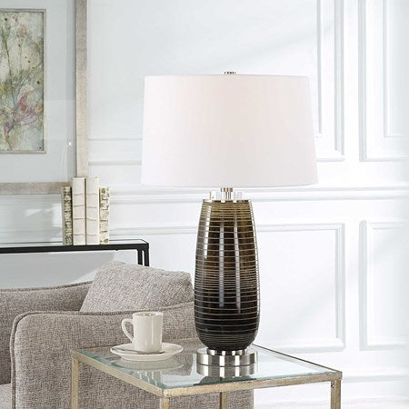 Uttermost Alamance Rustic Bronze Ombré Glass Table Lamp With White Linen Shade