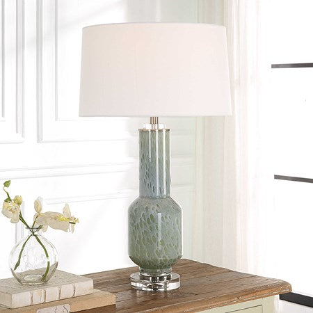 Uttermost Imperia Aqua Gray Bubble Glass Table Lamp With White Linen Shade