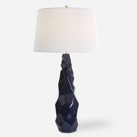 Uttermost Kavos Navy Blue Gloss Glazed Ceramic Table Lamp With White Linen Shade