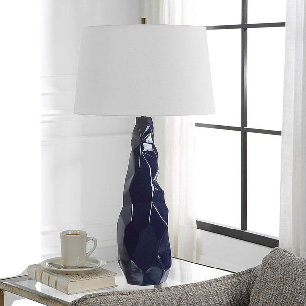 Uttermost Kavos Navy Blue Gloss Glazed Ceramic Table Lamp With White Linen Shade