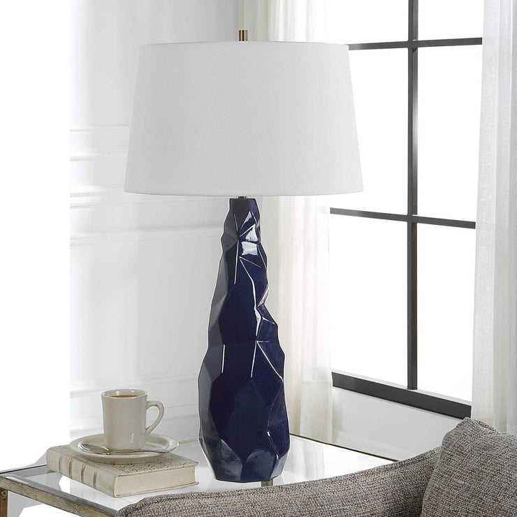 Uttermost Kavos Navy Blue Gloss Glazed Ceramic Table Lamp With White Linen Shade