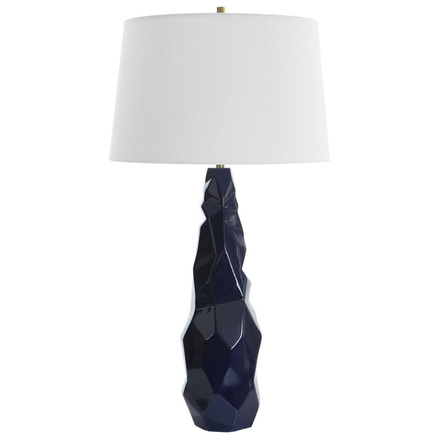 Uttermost Kavos Navy Blue Gloss Glazed Ceramic Table Lamp With White Linen Shade