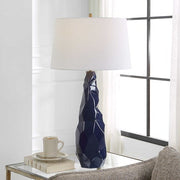 Uttermost Kavos Navy Blue Gloss Glazed Ceramic Table Lamp With White Linen Shade