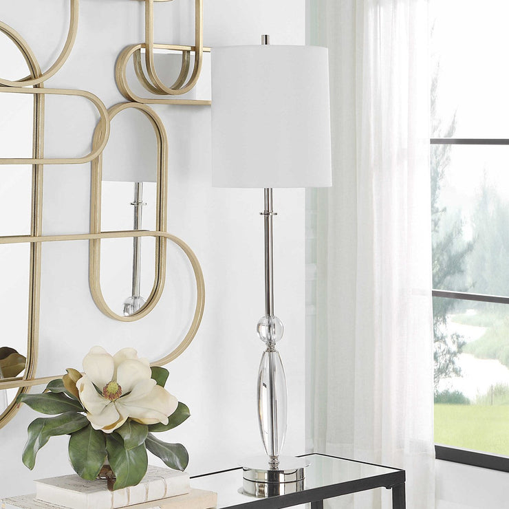 Uttermost Sceptre Crystal and Polished Nickel Buffet Lamp With White Linen Shade