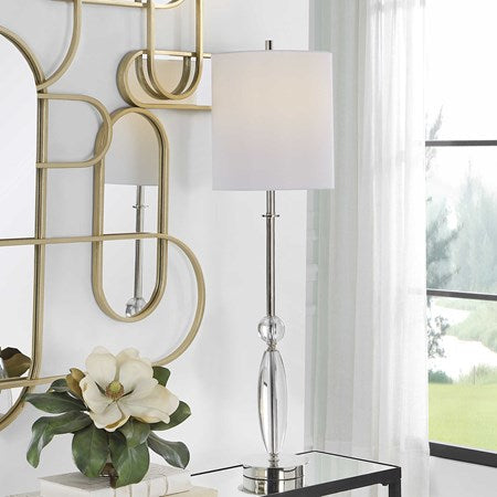 Uttermost Sceptre Crystal and Polished Nickel Buffet Lamp With White Linen Shade