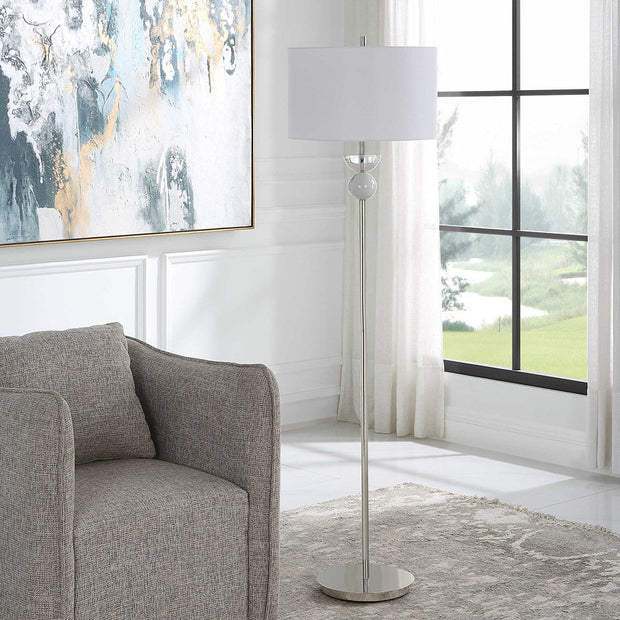 Uttermost Exposition Polished Nickel Iron and White Marble Floor Lamp With Linen Shade