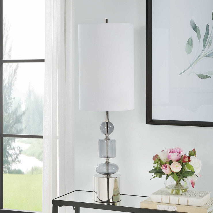 Uttermost Stratus Gray Glass and Polished Nickel Buffet Lamp With White Linen Shade