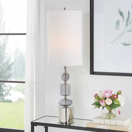 Uttermost Stratus Gray Glass and Polished Nickel Buffet Lamp With White Linen Shade