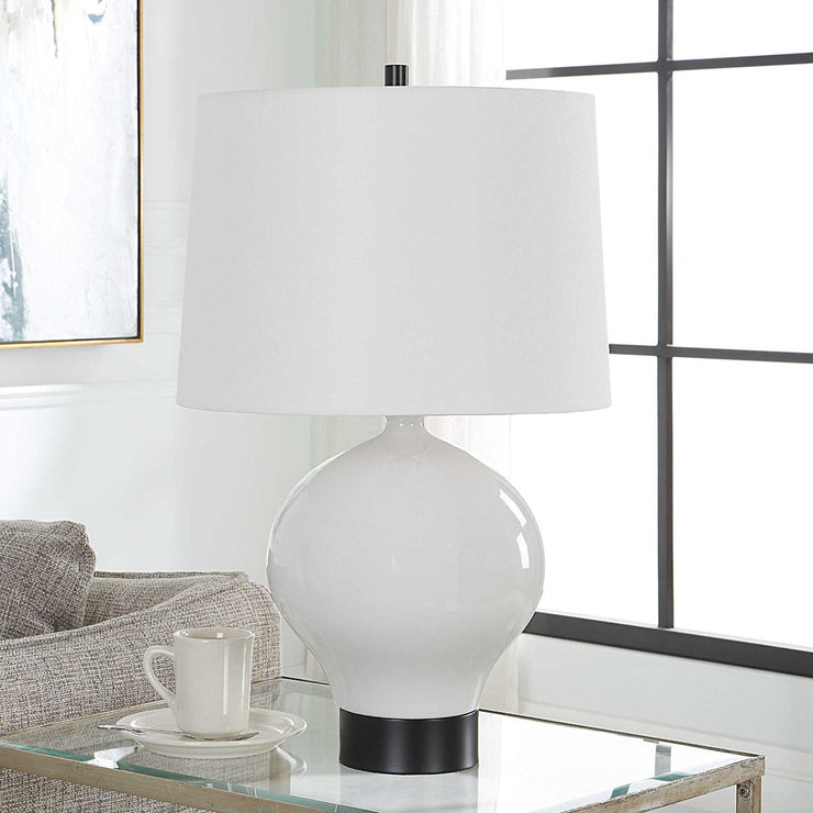 Uttermost Collar Gloss White Glazed Table Lamp With Linen Shade
