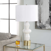Uttermost Architect Ivory Gloss Glazed and Antique Brass Ceramic Table Lamp With White Linen Shade