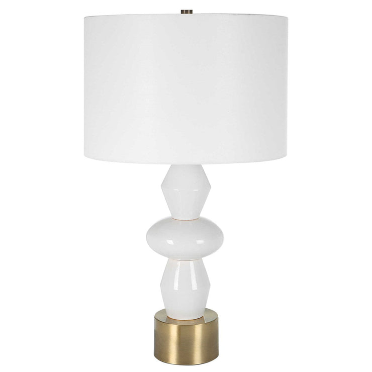Uttermost Architect Ivory Gloss Glazed and Antique Brass Ceramic Table Lamp With White Linen Shade