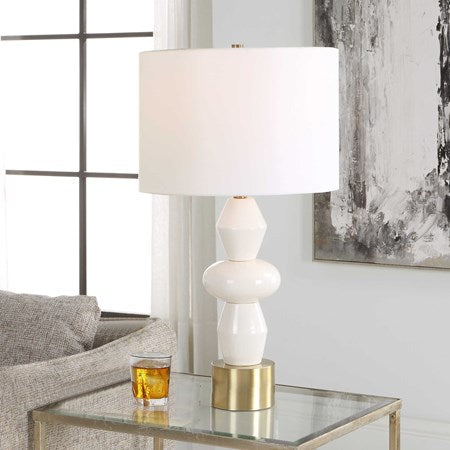 Uttermost Architect Ivory Gloss Glazed and Antique Brass Ceramic Table Lamp With White Linen Shade