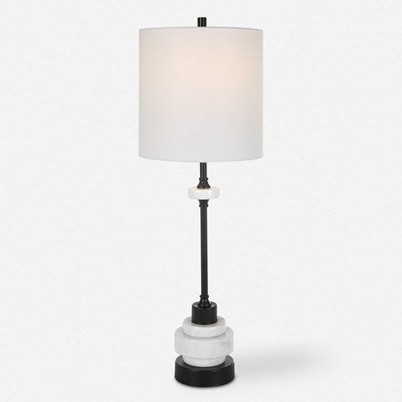 Uttermost Alliance White Marble and Black Iron Buffet Lamp With Linen Drum Shade