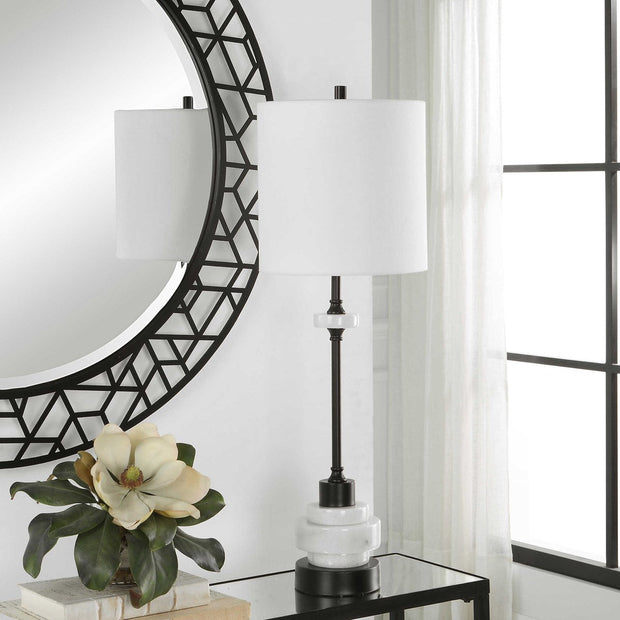 Uttermost Alliance White Marble and Black Iron Buffet Lamp With Linen Drum Shade