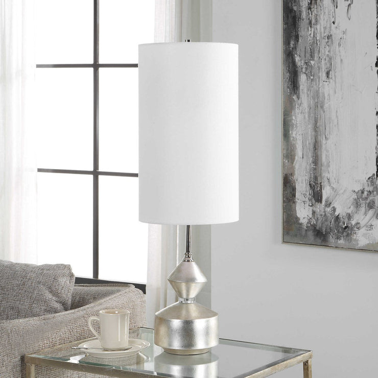 Uttermost Vial Silver Leaf and Polished Nickel Buffet Lamp With White Linen Shade