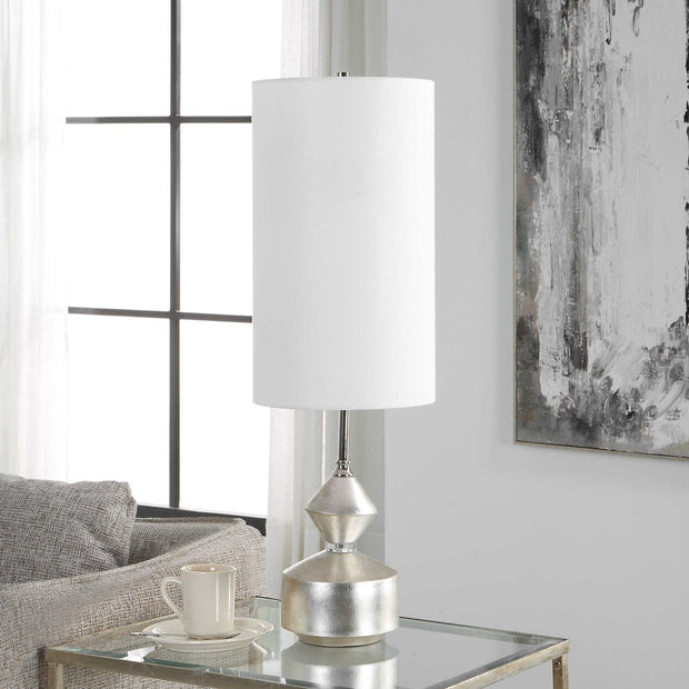Uttermost Vial Silver Leaf and Polished Nickel Buffet Lamp With White Linen Shade