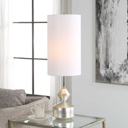 Uttermost Vial Silver Leaf and Polished Nickel Buffet Lamp With White Linen Shade