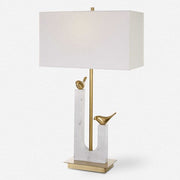 Uttermost Songbirds Brushed Brass and Marble Table Lamp With White Linen Shade