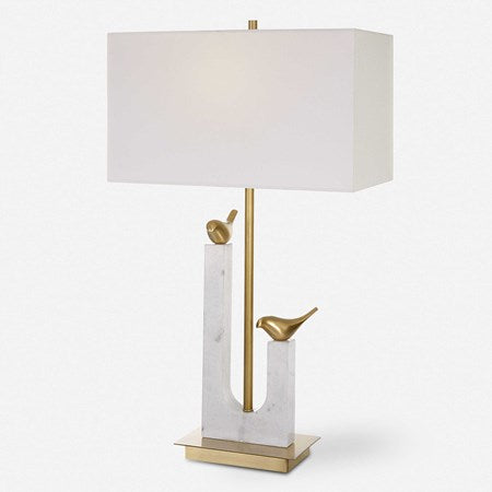 Uttermost Songbirds Brushed Brass and Marble Table Lamp With White Linen Shade