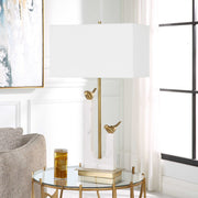 Uttermost Songbirds Brushed Brass and Marble Table Lamp With White Linen Shade