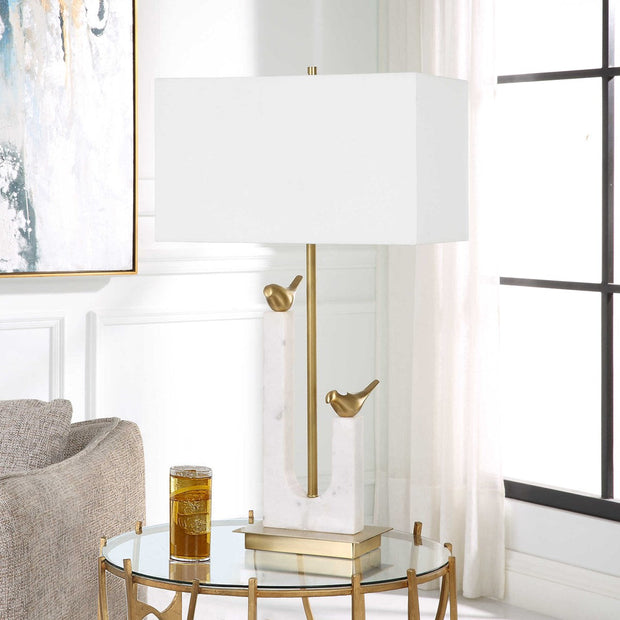 Uttermost Songbirds Brushed Brass and Marble Table Lamp With White Linen Shade