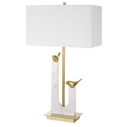 Uttermost Songbirds Brushed Brass and Marble Table Lamp With White Linen Shade