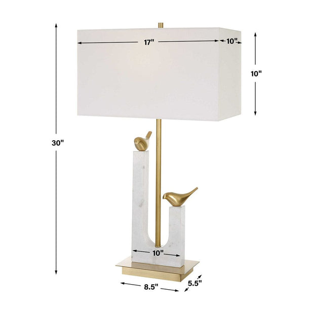 Uttermost Songbirds Brushed Brass and Marble Table Lamp With White Linen Shade