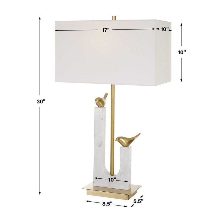 Uttermost Songbirds Brushed Brass and Marble Table Lamp With White Linen Shade
