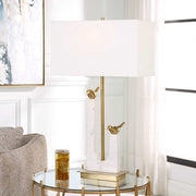 Uttermost Songbirds Brushed Brass and Marble Table Lamp With White Linen Shade