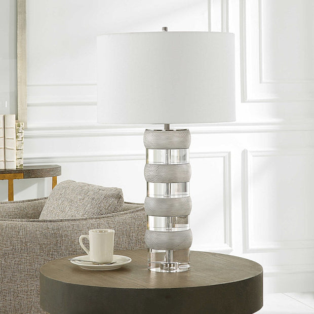 Uttermost Band Together Bleached Wood and Crystal Table Lamp With White Drum Shade