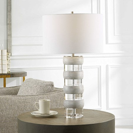 Uttermost Band Together Bleached Wood and Crystal Table Lamp With White Drum Shade