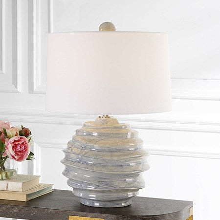 Uttermost Waves Blue and White Ceramic Accent Lamp With White Shade