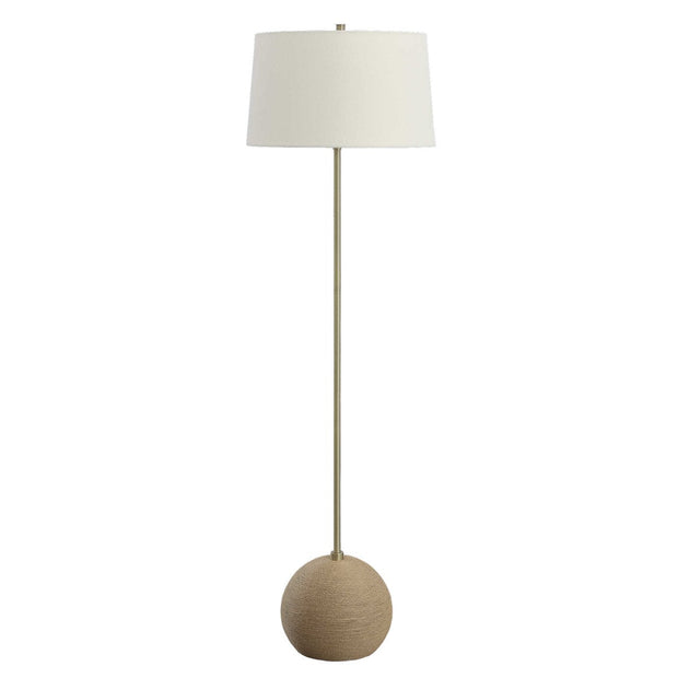 Uttermost Captiva Antiqued Brass Iron and Rattan Floor Lamp, Brass With White Linen Shade