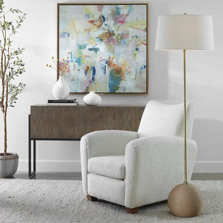 Uttermost Captiva Antiqued Brass Iron and Rattan Floor Lamp, Brass With White Linen Shade